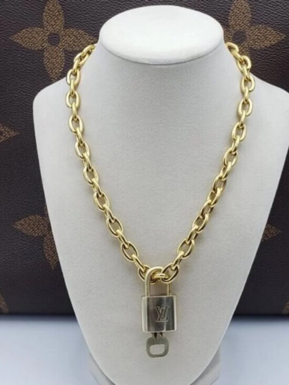 Authentic Louis Vuitton Gold Padlock w/Unbranded Stainless Steel Chain Necklace